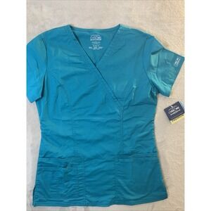 Cherokee Flexibles New Women Top Small Teal Blue 2 Pockets Core Stretch
